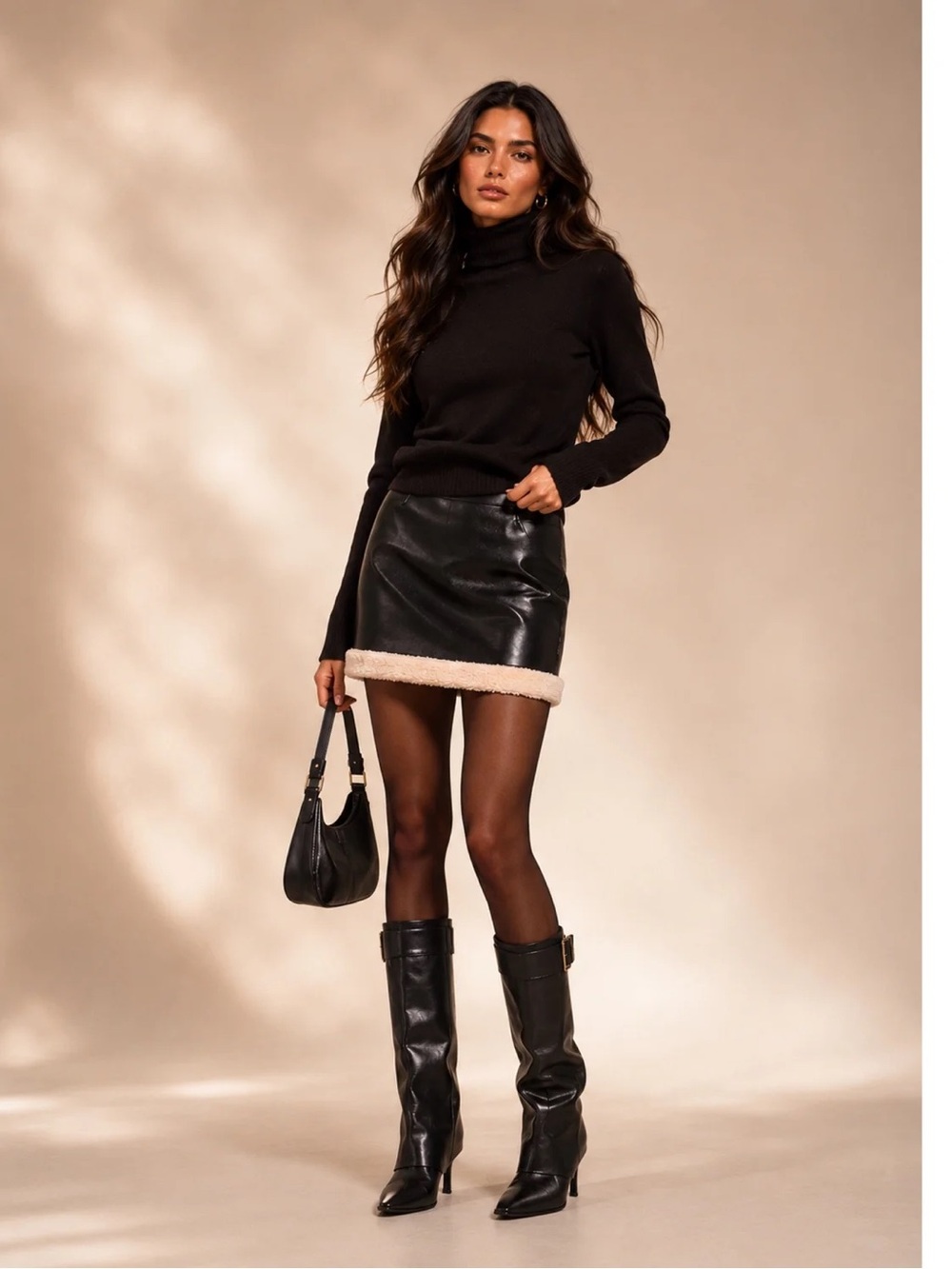 WeWoreWhat Black Faux-Leather Mini Skirt with Cream Fur Trim